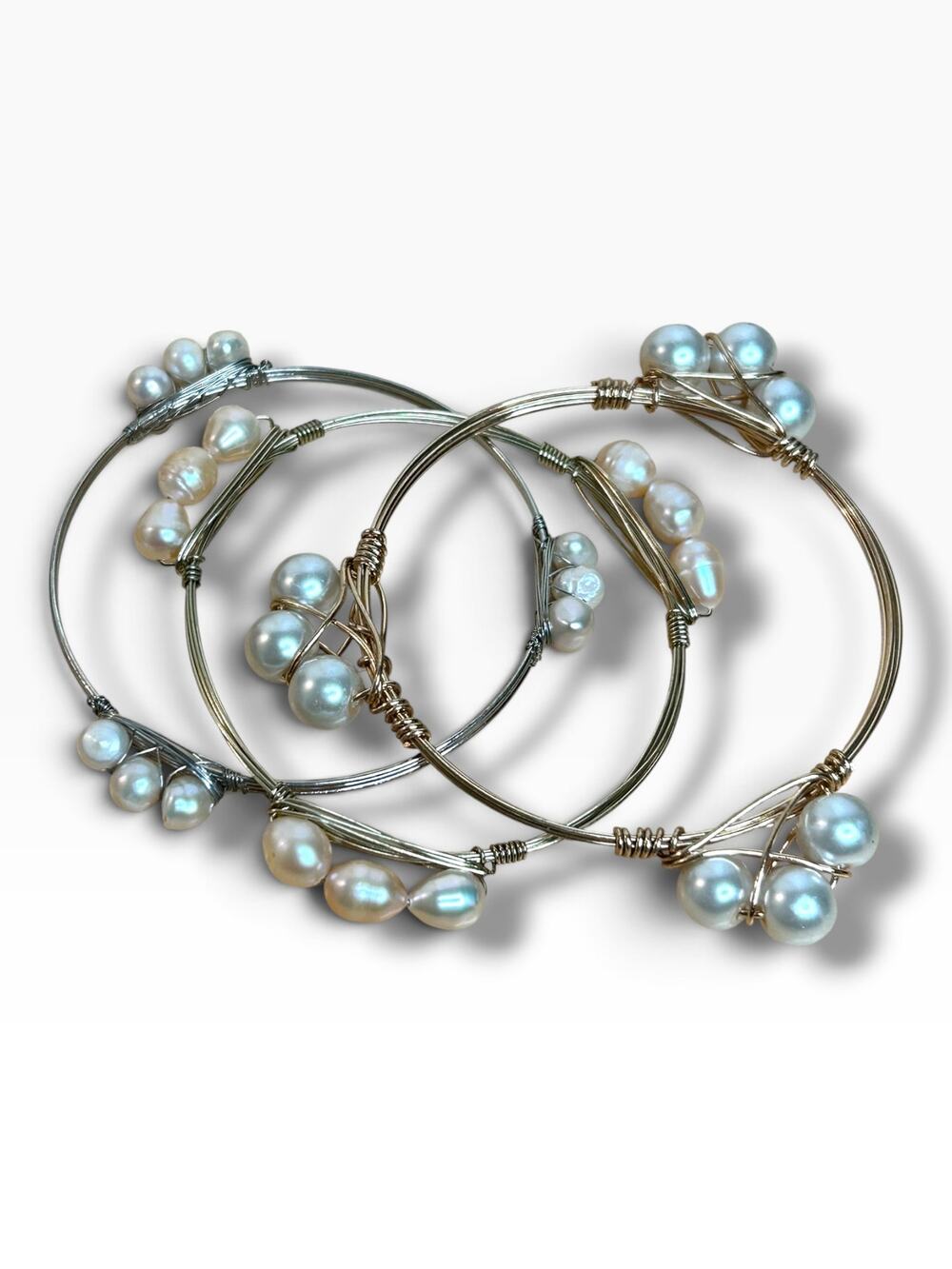 Lot of 3 Stackable Bangle Bracelets Wire Wrapped Faux Pearls Silver Gold Tone